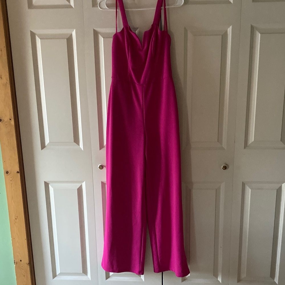 Crystal Sky jumpsuit hot pink womens med. wide leg sweetheart neckline strapped